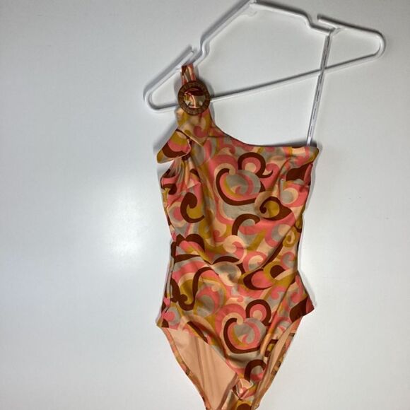 Zimmermann Mae Orange Swirl Print One-Shoulder Buckle Swimsuit NWT Size 4 - Picture 6 of 16